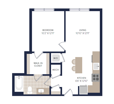 Floor plan for 1 bed, 1 bath, 599 sqft